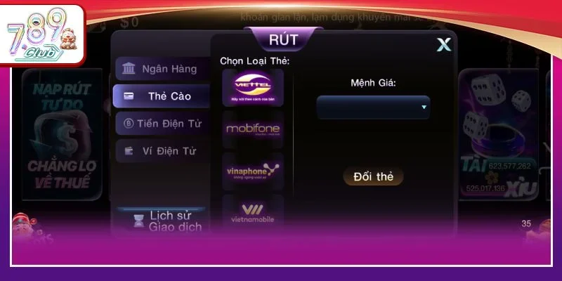 Rút tiền tại cổng game 789Club theo từng phương thức thẻ cào rất nhanh gọn